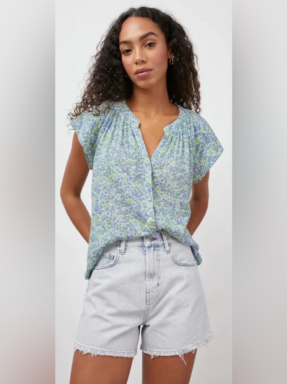 RAILS Alena Blue Green Wildflower Linen Flutter Sleeve Top Size Small